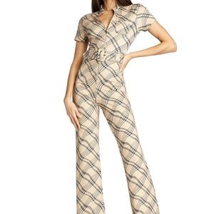 NWT I.AM.GIA Carmel Plaid Belted Flare Jumpsuit Tan Size Medium